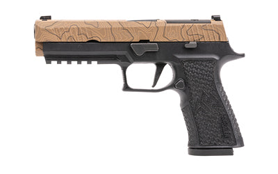 Sig Sauer P320 XTEN ENDURE |  Striker Fired |  Semi-automatic |  Polymer Frame Pistol |  Full Size |  10MM |  5" Barrel |  Cerakote Finish |  Flat Dark Earth Slide with Topographic Laser Etched Pattern |  Black Frame |  Optics Ready |  XRAY3 Night Sights