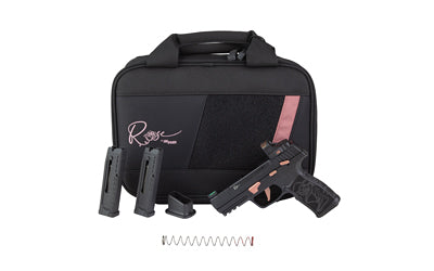 Sig Sauer P322 ROSE ROMEO RS |  Semi-automatic |  Single Action Only |  Polymer Frame Pistol |  Compact |  22LR |  4" Threaded Barrel with 1/2x28 Adapter |  Matte Finish |  Black with Rose Gold Accents |  Polymer Grip |  Fiber Optic Sights |  ROMEO-RS ROS