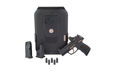 Sig Sauer P365 ROSE |  Semi-automatic |  Striker Fired |  Polymer Frame Pistol |  Sub-compact |  380 ACP |  3.1" Barrel |  Nitron Finish |  Black |  Rose Gold Accents |  ROMEO-RS Sight |  X-RAY3 Day/Night Suppressor Height Sights |  Polymer Grips |  Manua