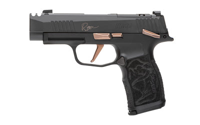 Sig Sauer P365-XL Rose |  Striker Fired |  Semi-automatic |  Polymer Frame Pistol |  Micro-Compact |  9mm |  3.1" Barrel with Integrally Compensated Slide |  Nitron Finish |  Black with Rose Gold Controls and Engraving |  SIGLITE Day/Night Sights |  12 Ro