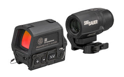 Sig Sauer ROMEO8T-AMR/JULIET3T-AMR |  Red Dot Sight and Magnifier Combo |  3X Magnification |  40mm Objective |  Quad Ballistic Circle Dot 2.0 Reticle |  2 MOA Red Dot |  Matte Finish |  Black |  Fits Picatinny Rail