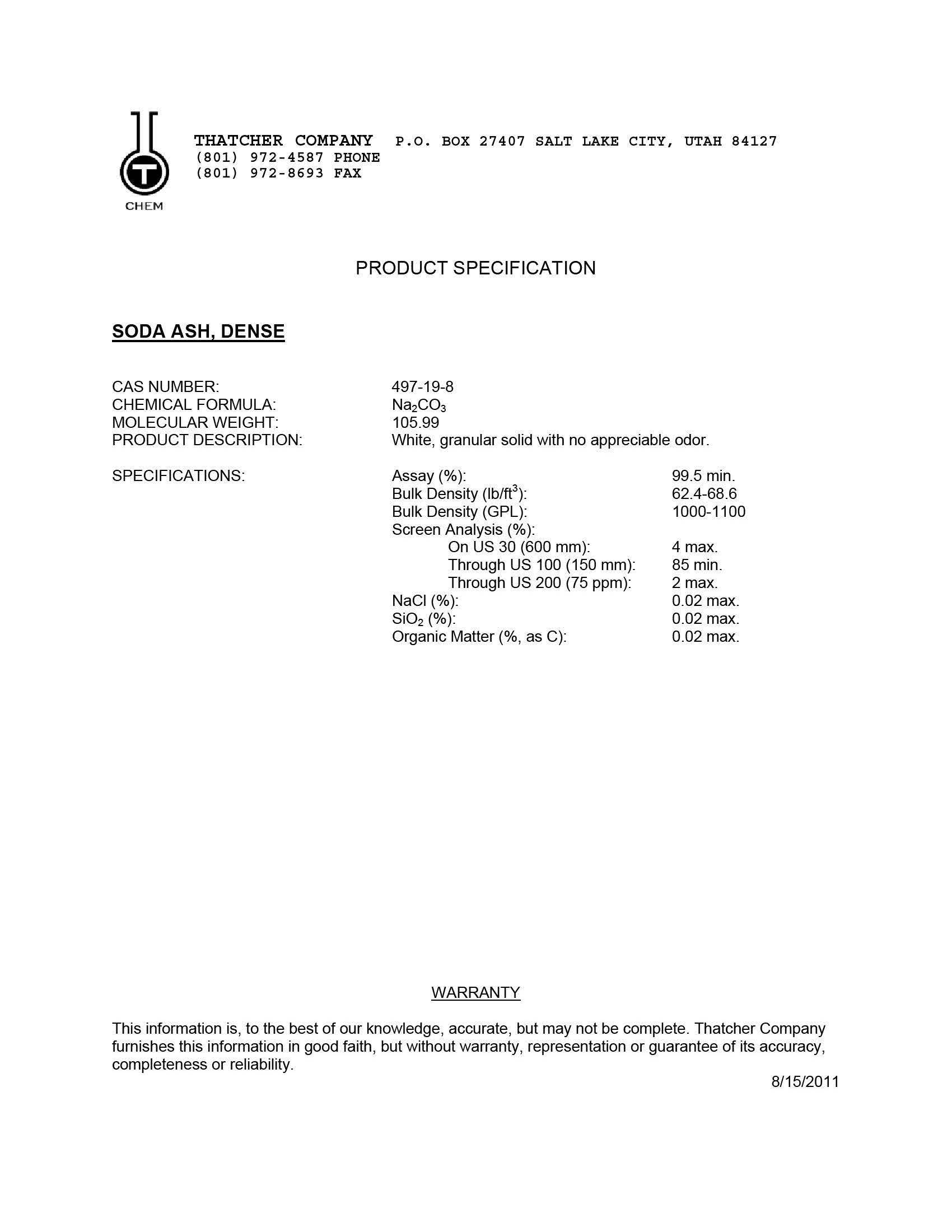 Dense Sodium Carbonate, 50 lb Bag