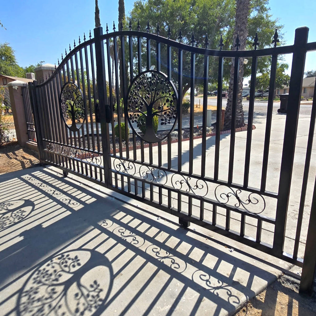 16x8 ft Steel Dual Swing Driveway Gate with Tree Pattern