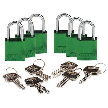 Lockout Padlock, Keyed Different, Aluminum, Green, 1 in Shackle Height, 1 1/4 in Body Width, 6 PK