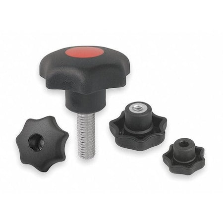 Star Grip, DIN 6336 Similar, D=M10X60, D1= 63, External Thread, Steel, Black Plastic, Cap: Black