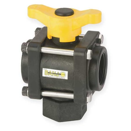 1-1/2" FNPT Polypropylene Ball Valve 3-Way, Body Style: Inline