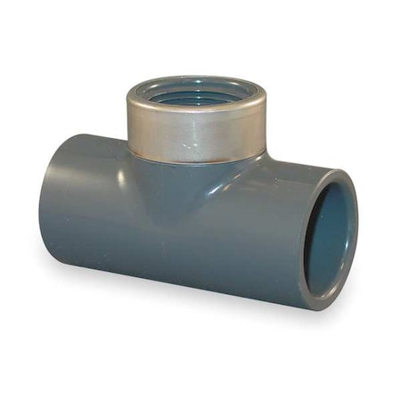 PVC, Stainless Steel Tee, Socket x Socket x FNPT, 1/2 in x 1/4 in Pipe Size