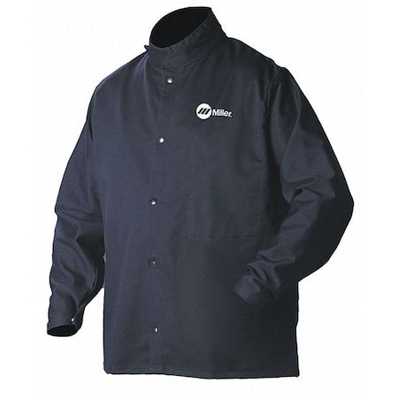 Welding Jacket, Cotton, 9 oz, 30 in Length, Snaps Closure, 1 Pockets, Navy, S