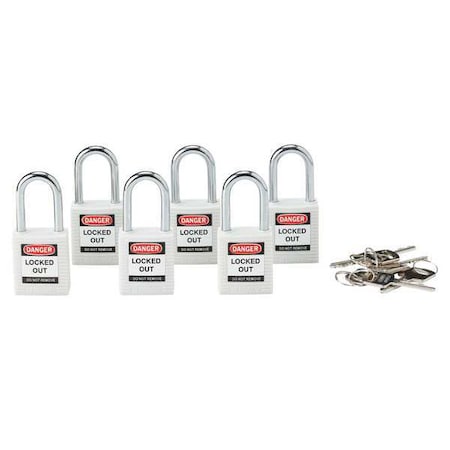 Lockout Padlock, Keyed Alike, Nylon, White, 1 1/2 in Shackle Height, 1 1/2 in Body Width, 6 PK