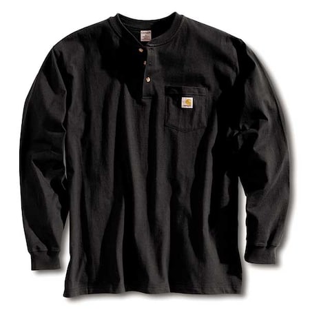 Men's Long Sleeve Henley, Cotton, Pullover/Button, 1 Pocket(s), Black, L