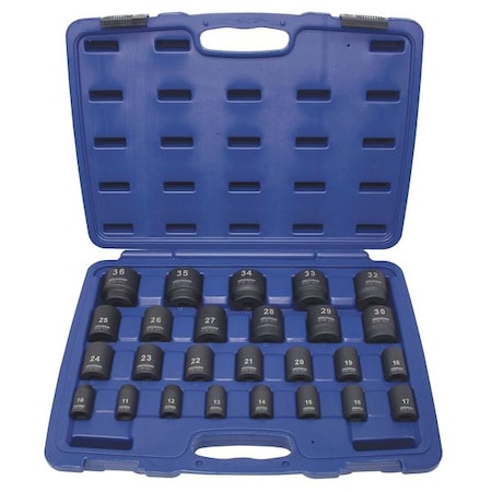1/2" Drive Impact Socket Set, Metric, 26pcs, Impct Skt St,Steel,Blk Oxd,10 to 36 mm