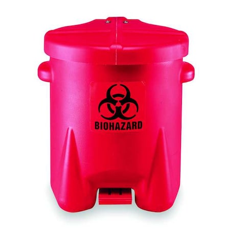 Biohazard Step On Waste Can, 6 Gallon Capacity, Polyethylene, Red, 13 1/2 in Width x 16 in Height
