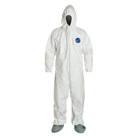 Tyvek 400 Hooded Disposable Coverall, Attached Skid-Resistant Boots, Elastic Wrist, 2XL, White
