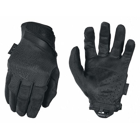Tactical Glove, Leather Palm, 11" Length, Hook-and-Loop Cuff, Full Finger, Tricot Lining, Black