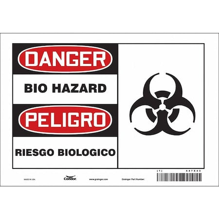 Biohazard Sign, 7 in Height, 10 in Width, Vinyl, Vertical Rectangle, English, Spanish