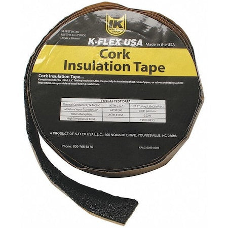 Pipe Insulation Tape, 30 ft Overall Lg, 2 in Overall Wd, 130 mil Thick, Cork, Black