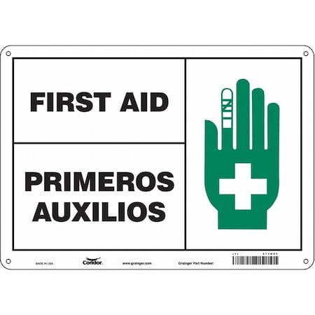 First Aid/Primeros Auxilios, 14 in W x 10 in H, Horizontal Rectangle, Aluminum, 471R91