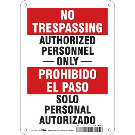 Safety Sign, 10 in H, 7 in W, Polyethylene, Horizontal Rectangle, English, Spanish, 472W10
