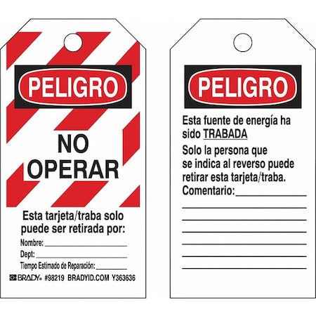 Lockout Tag, Danger/Peligro, Polyester, 3 in Width, 5 3/4 in Height, Write On Surface: Yes ,25 PK