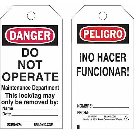Lockout Tag, Danger/Peligro, Polyester, 3 in Width, 5 3/4 in Height, Write On Surface: Yes