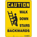 Caution, WALK DOWN STAIRS BACKWARDS, 10 in W x 14 in H, Vertical Rectangle, Aluminum, 485P88