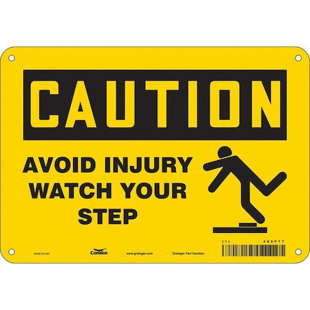 Caution, AVOID INJURY WATCH YOUR STEP, 10 in W x 7 in H, Vertical Rectangle, Polyethylene, 485P77