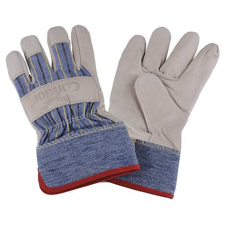 Leather Gloves, Cowhide, Safety Cuff, Wing Thumb, Beige/Blue, L, 1 PR