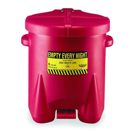 Oily Waste Can, 6 gal, Red, Polyethylene, 16 in Height, Foot Operated Self-Closing