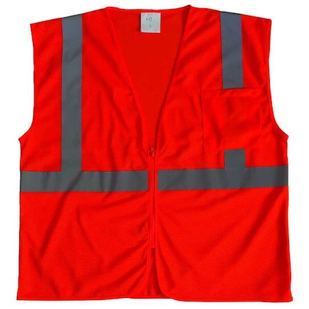 High Visibility Vest, ANSI Class 2, Mesh Polyester, U-Back, Zipper, 1 Pocket, Orange, XL