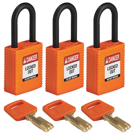 Lockout Padlock, Keyed Alike, Nylon, Orange, 1 1/2 in Shackle Height, 1 1/2 in Body Width, 3 PK