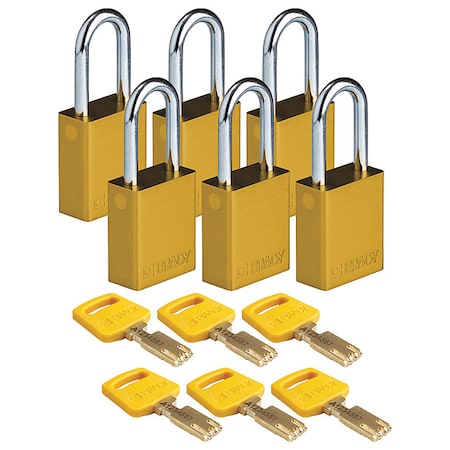 Lockout Padlock, Keyed Alike, Aluminum, Yellow, 1 1/2 in Shackle Height, 1 1/2 in Body Width, 6 PK