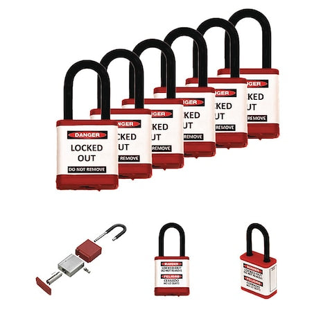 Lockout Padlock, Keyed Alike, Aluminum, Red, 1 1/2 in Shackle Height, 1 1/2 in Body Width, 6 PK