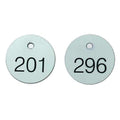 Engraved Numbered Tags, Plastic, 1 1/8 in H x 1 1/8 in W, 1 1/8 in Dia., Black/White, Round, 100 PK