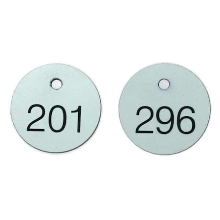 Engraved Numbered Tags, Plastic, 1 1/8 in H x 1 1/8 in W, 1 1/8 in Dia., Black/White, Round, 100 PK