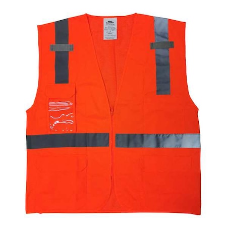 High-Visibility Vest, Polyester, Zipper Closure, 4 Outside Pockets, 2, Orange/Red, Size 5XL