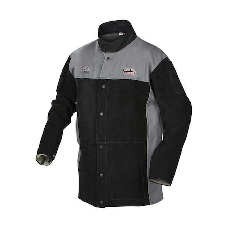 Welding Jacket, Cotton, Fabric, 9 oz, 30 in Length, Button, Velcro Closure, 1 Pockets, Black/Gray