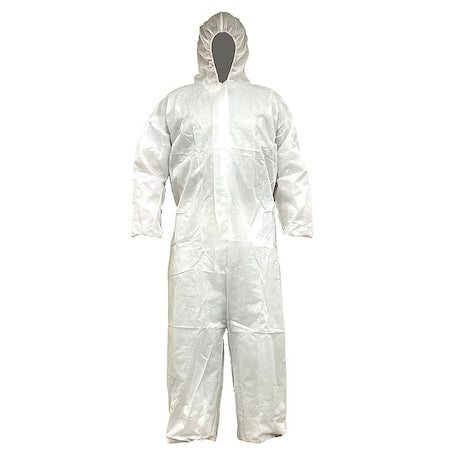 Disposable Coverallss, Hooded, L, PP SMS, Elastic Wrist, Elastic Ankle, Serged Seam, White, 25 PK