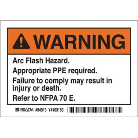 Arc Flash Warning Label, 3 1/2 in Height, 5 in Width, Polyester, Horizontal Rectangle, English