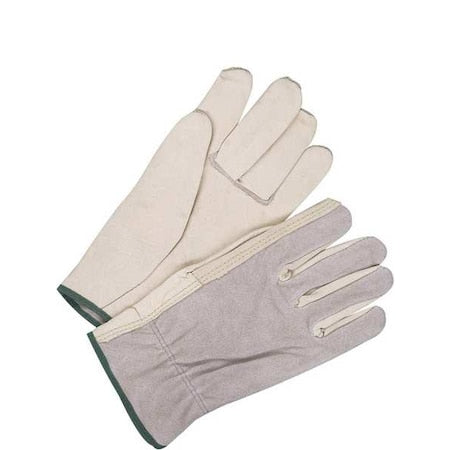 Leather Drivers Gloves, Shirred Slip-On Cuff, Straight Thumb, Beige / Gray, L, 1 PR