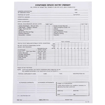 Confined Space Entry Permits, Paper, 11 in H x 8 1/2 in W, Black, White