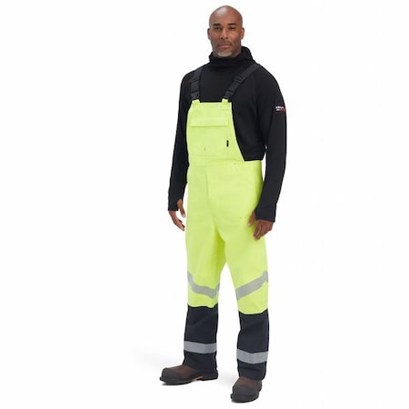 FR HI-VIS WATERPROOF BIB, 32% Cotton, 50% Modacrylic, 8% Polyarylate, 9% Nylon, Fabric, Yellow