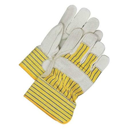Leather Gloves, Cowhide, Safety Cuff, Wing Thumb, Full Finger, Blue/Tan/Yellow, S, 1 PR