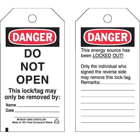 Danger Tag, Danger, Polyester, 3 in Width, 5 3/4 in Height, Write On Surface: Yes ,25 PK