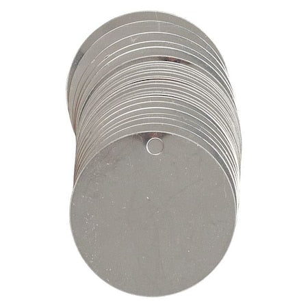 Blank Tag, Stainless Steel, 1 1/2 in H x 1 1/2 in W, 1 1/2 in Dia., Silver, Round, 25 PK