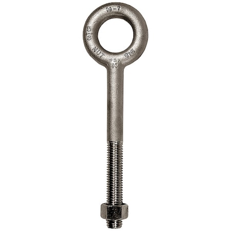 Eye Bolt Without Shoulder, 5/16"-18, 6 in Shank, 5/8 in ID, 316 Stainless Steel, Plain