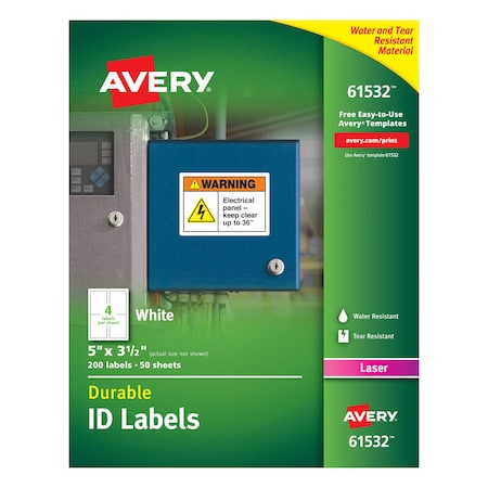 Avery Durable ID Labels with TrueBlock Technology, 61532, Laser, 5" x 3-1/2", White, PK50