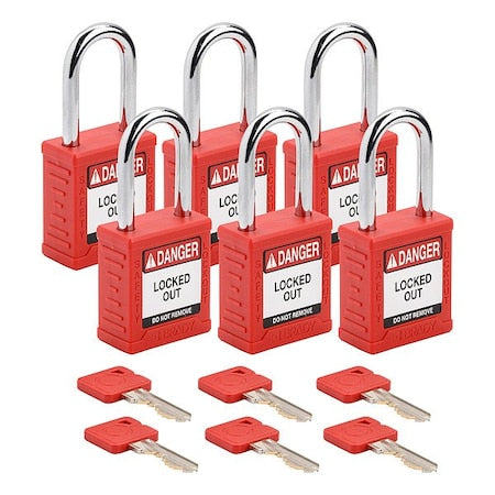 Padlock, Keyed Different, Nylon, Red, 1 1/2 in Shackle Height, 1 1/2 in Body Width, 6 No. of Keys