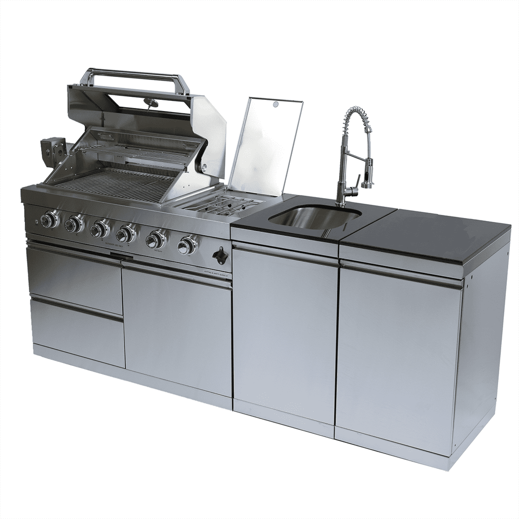 NG 85" 4-Burner 72,000 BTU Silver Outdoor Kitchen Island Grill + Side B & Storage Cabinets & Sink