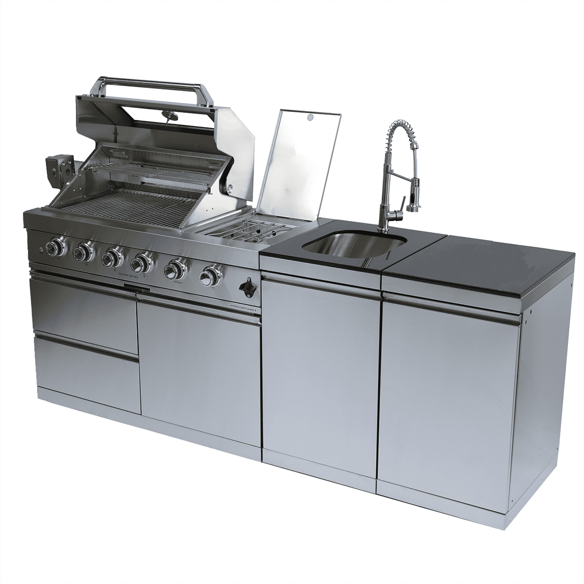 NG 85" 4-Burner 72,000 BTU Silver Outdoor Kitchen Island Grill + Side B & Storage Cabinets & Sink