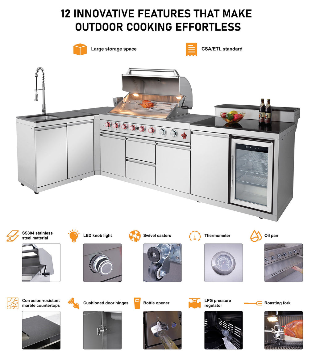 83.3" 4+1 Burner 71,500 BTU Silver Outdoor Kitchen Island Grill with Sink